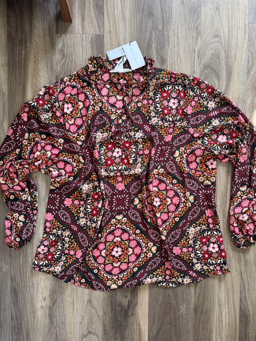 Chelsea & Theodore Pink and Black Floral Tie-Neck Tunic
